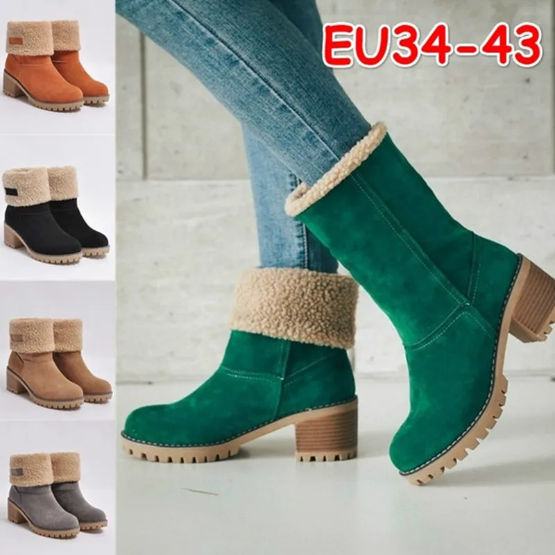 Women Boots Autumn and Winter Mid-tube Chunky Heel Suede Snow Boots Large Size Cotton Shoes Zapatillas De Mujer Hot Selling