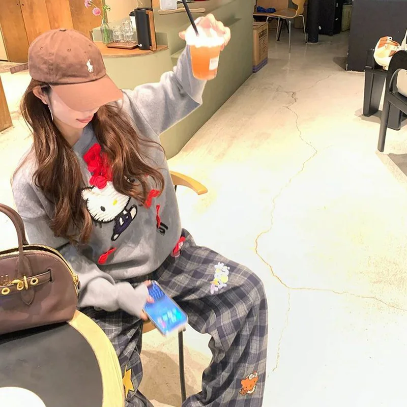 سانريو مرحبا كيتي صوف مبطن منقوشة السراويل فتاة خريف شتاء الحلو منفعل نمط فضفاض مستقيم الساق التخسيس مجموعة عادية متعددة الاستخدامات