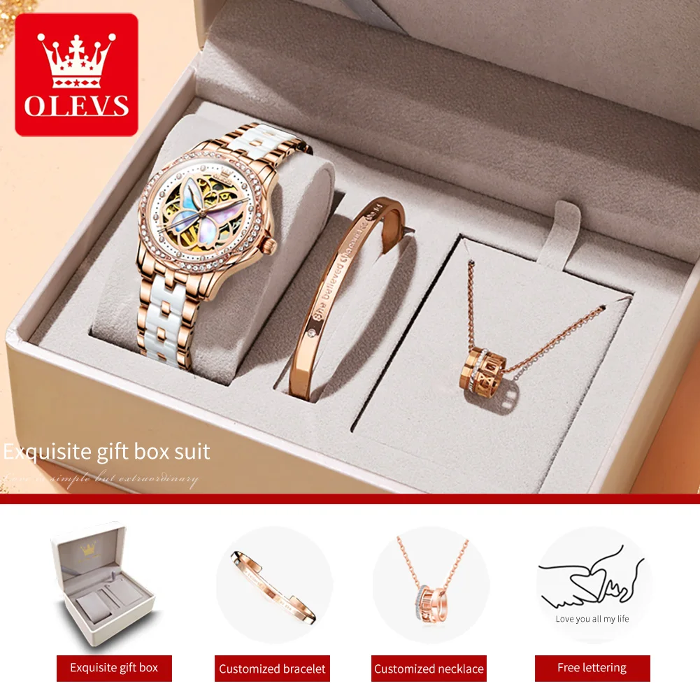 OLEVS Colorful Butterfly Automatic Mechanical Watch for Women Elegant Ceramic Strap Waterproof Luminous Ladies Dress Wristwatch