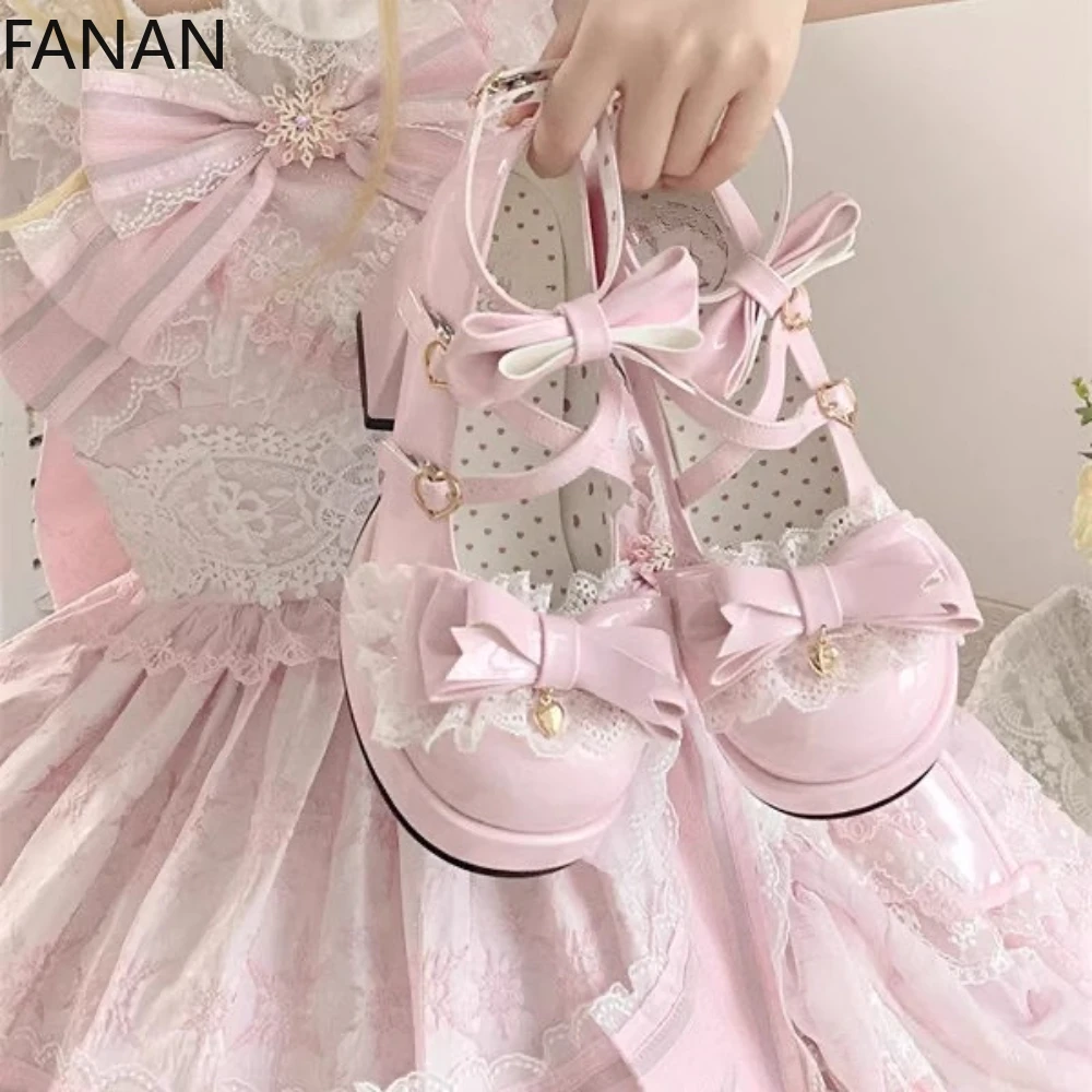 

2025 New Lolita Shoes High Heels Lace Pearl Hate Sky Platform Heels Original Pumps Sweet Waterproof Women's Shoes Party Dress