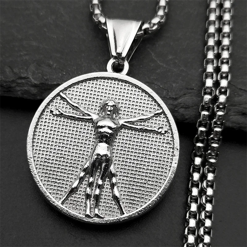 دافنشي رسم فيتروفيان رجل ميدالية مستديرة قلادة قلادة للنساء الرجال الفولاذ المقاوم للصدأ الذهب والفضة اللون الجمالية الفن مجوهرات