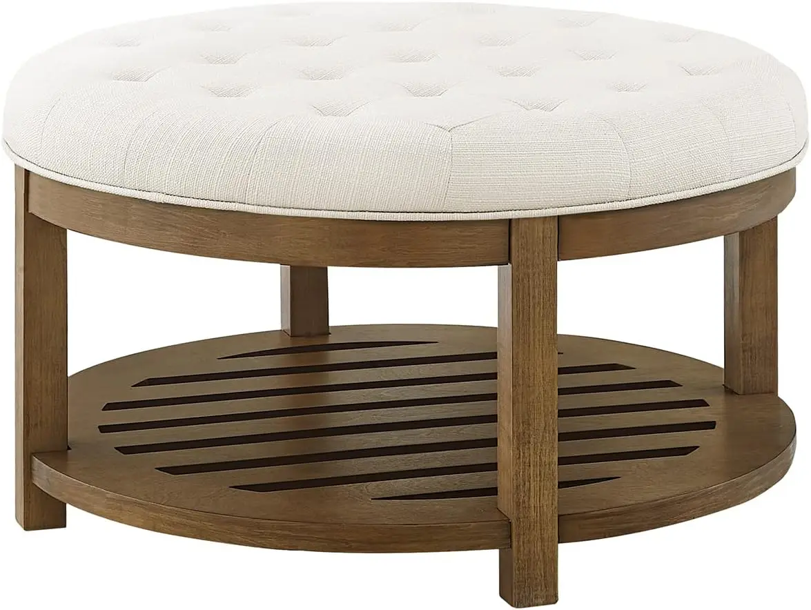 24KF Large Round Upholstered Tufted Linen Ottoman Coffee Table, Large Footrest Ottoman with Wood Shelf Storage-Ivory