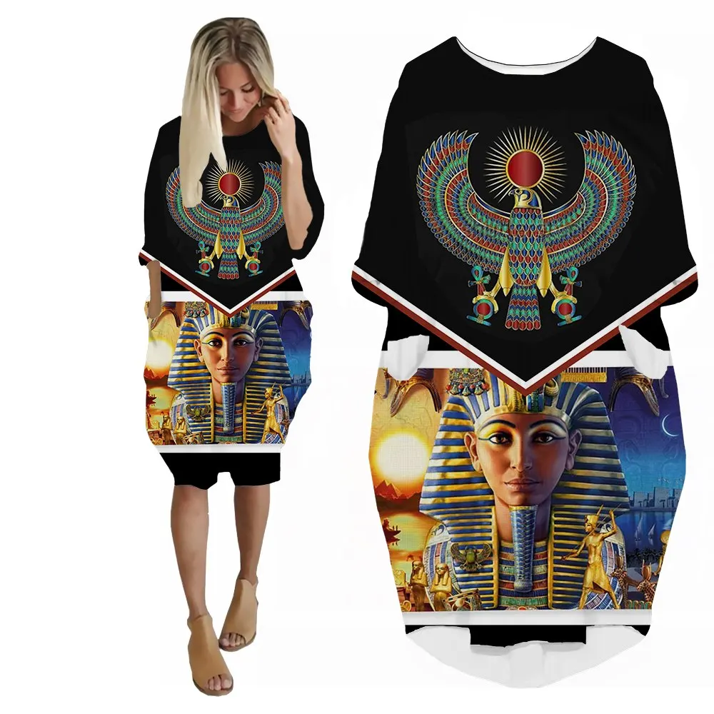 SONSPEE Ancient Egyptian 3D Printed Dress Long Sleeve Egyptian Egypt God Pharaoh Skirt Female Casual  Vintage Robe Dresses