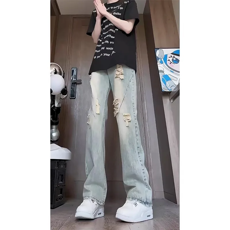 

American Retro Men's Jeans Summer Thin Hole Design Straight Leg Bell Bot Casual Wear Resistant Micro Stretch Denim Pants