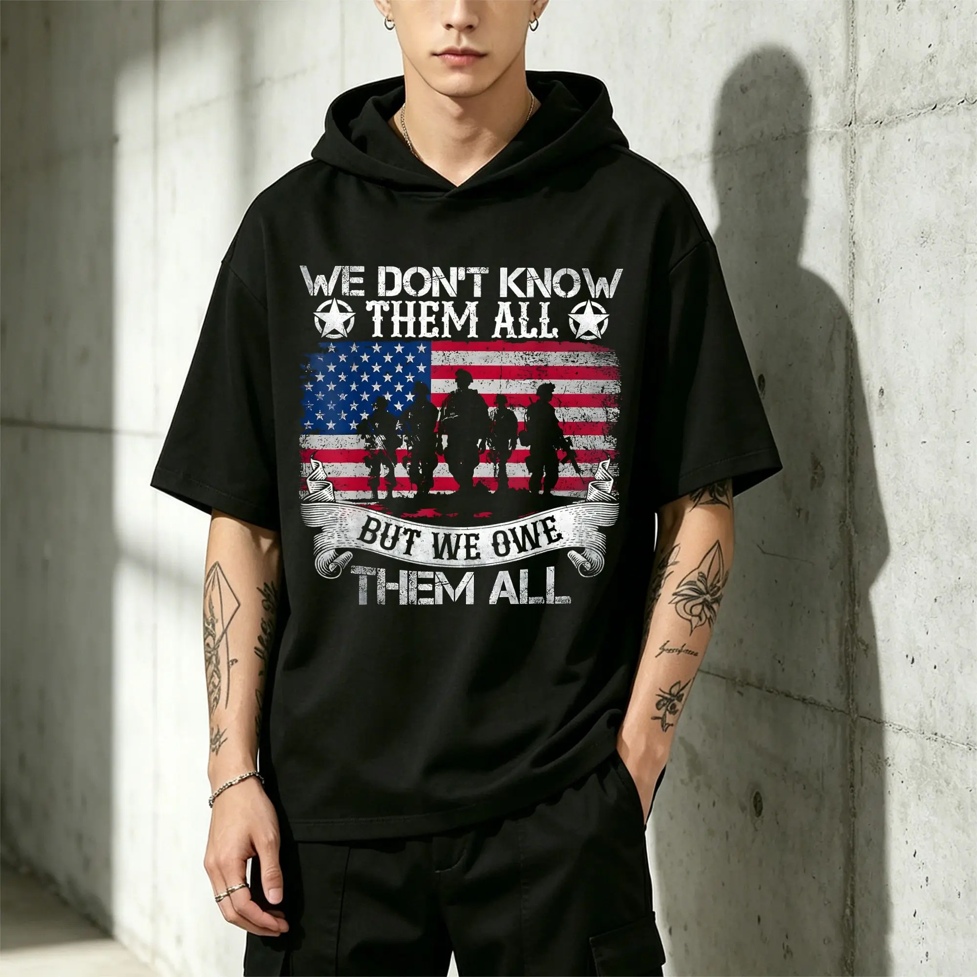 Sudadera con capucha de manga corta para hombre, diseño de bandera de estrellas y rayas de veterano militar estadounidense, edición doble para el Día de la Independencia y el Día de los Caídos, informal y versátil, cómoda de llevar, corte bien ajustado