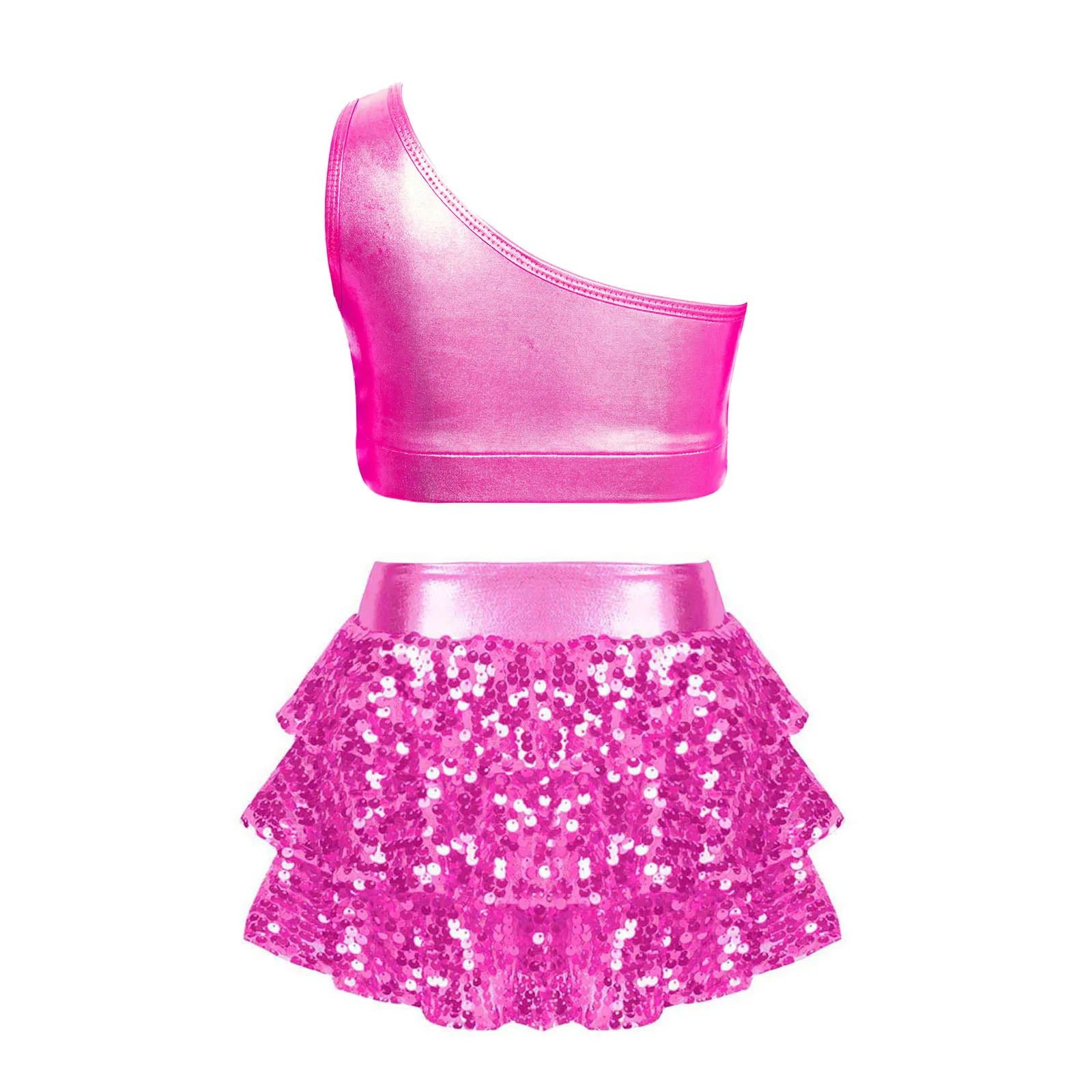 Kids Girls Sequins Latin Jazz Dance Costumes Shiny Ruffle Tiered Crop Top+Shorty Unitards Dress Hip Hop Set Ballet Leotard