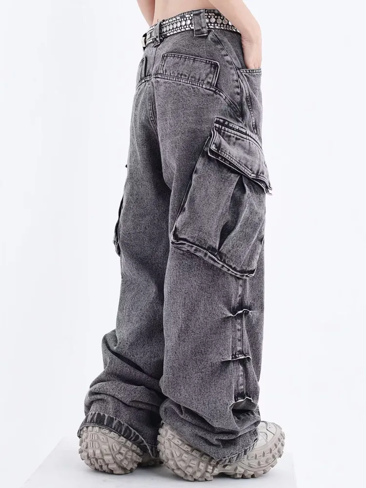 2023 Kanye Y2K Streettwear Vintage Grey Pleated Baggy Cargo Jeans Pants For Women Clothes Straight Lady Trousers Pantalon Femme