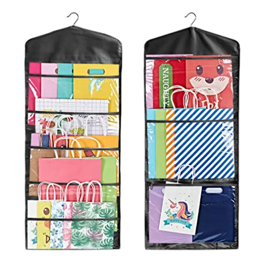 

Hanging Double Sided Gift Bag Storage Organizer with Multiple Front and Back Pockets - Organize Your Gift Wrap Tissue Paper and
