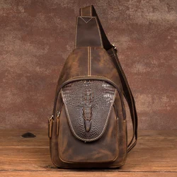 Crocodilo Padrão Peito Bag masculino, Crazy Horse Pele, Baotou Camada Couro, Bolsa de Ombro Retro, Bolsa Peito de Couro, Personalidade