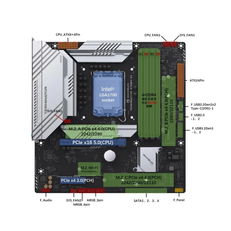 MAXSUN New Terminator B760M D4 WIFI Motherboard SATA M.2 DDR4 PCIE4.0 LGA1700 Support Intel 12th/13th Core (12400F/13400F/13600)