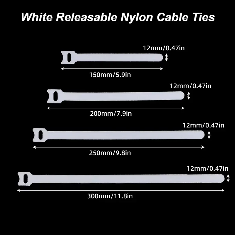 White Releasable Cable Ties 150 200 250 300mm Plastics Fasten Reusable Cable tie Straps Nylon Wrap Zip Bundle Bandage T-type Tie