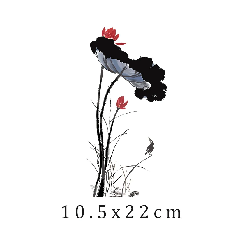 Large Chinese Ink Painting Flowers Thermal Sticker Lotus Iron On Patches For Clothes Girls Dress Patch Heat Transfer For T-shirt