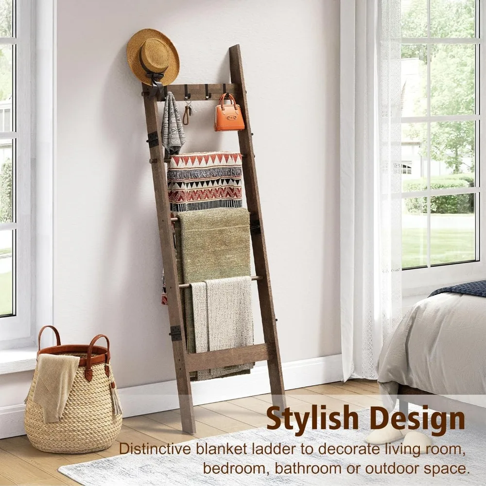 رف سلم من الخيزران مكون من 5 طبقات، سلم بطانية على طراز المزرعة، سلم زخرفي ريفي مع 4 خطافات قابلة للإزالة، بني #4