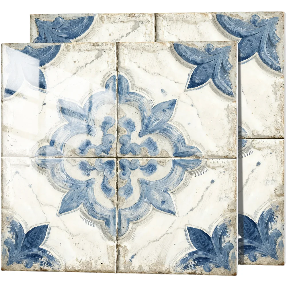 10PCS Tile Laying Vintage Blue And White Floral Porcelain Pattern Thickened PVC Foam Wall Decal With Self-Stick Backing