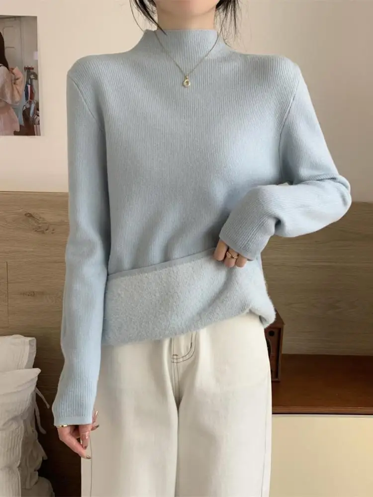

Autumn Winter Korean Fashion Solid Half High Neck Short Velvet Sweater Women Elegant Long Sleeve Festival Knitted Top Simplicity