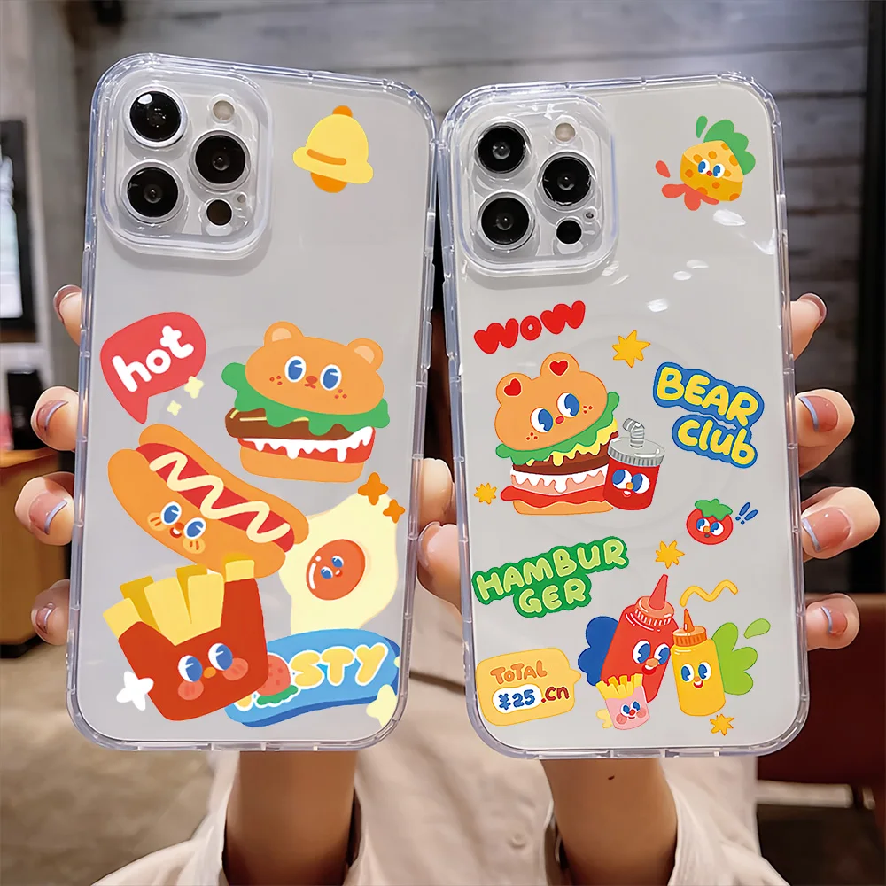 Cute Burger French Fries Bread Graffiti For IPhone 16 15 14 13 12 11 Pro Max Plus Transparent Magnetic Suction Phone Case