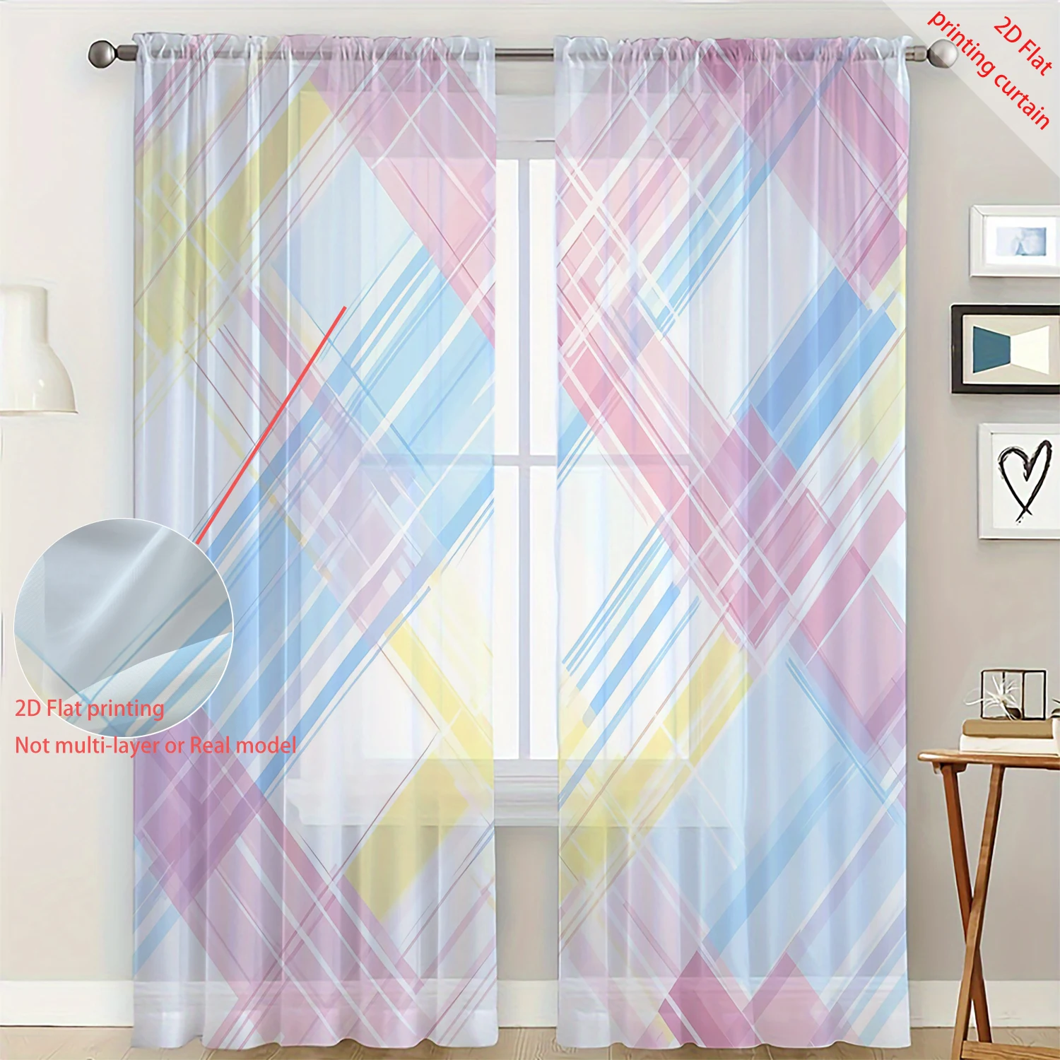 2 Pieces HD Digital Color Geometry Printed Window Screen Home Decor Style Decoration Living Room Bedroom Rod