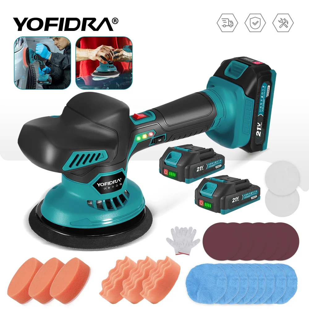 YOFIDRA 6-Gang Elektrische Autopoliermaschine 7000 U/min Polier- und Versiegelungsmaschine für Automobilpolitur, kompatibel mit Makita 21V Akku