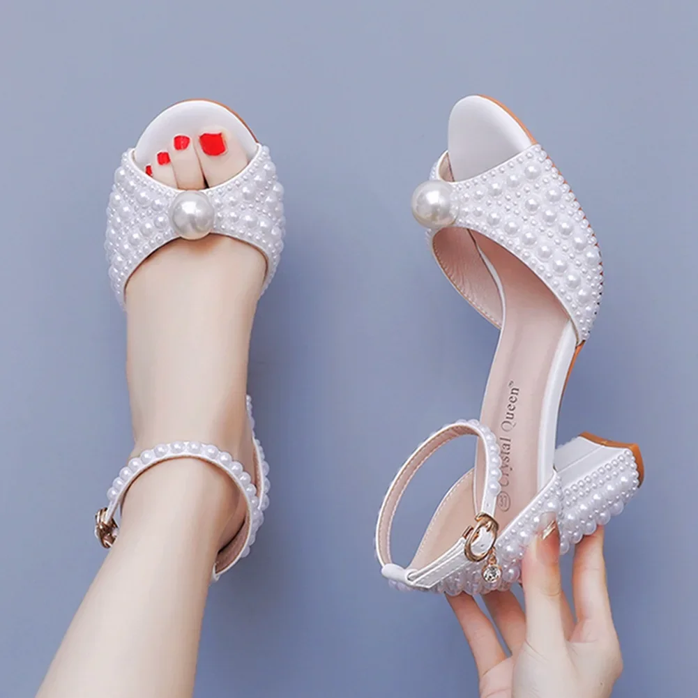 7cm fish mouth thick with pearl shallow mouth buckle strap, plus size bride white thick heel sandals