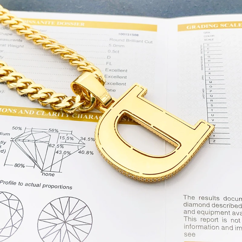 Hiphop D Letter Moissanite Pendant 18k Gold Plated D Color Lab Moissanite Alphabet Necklace Pass Diamond Tester 925 Silver