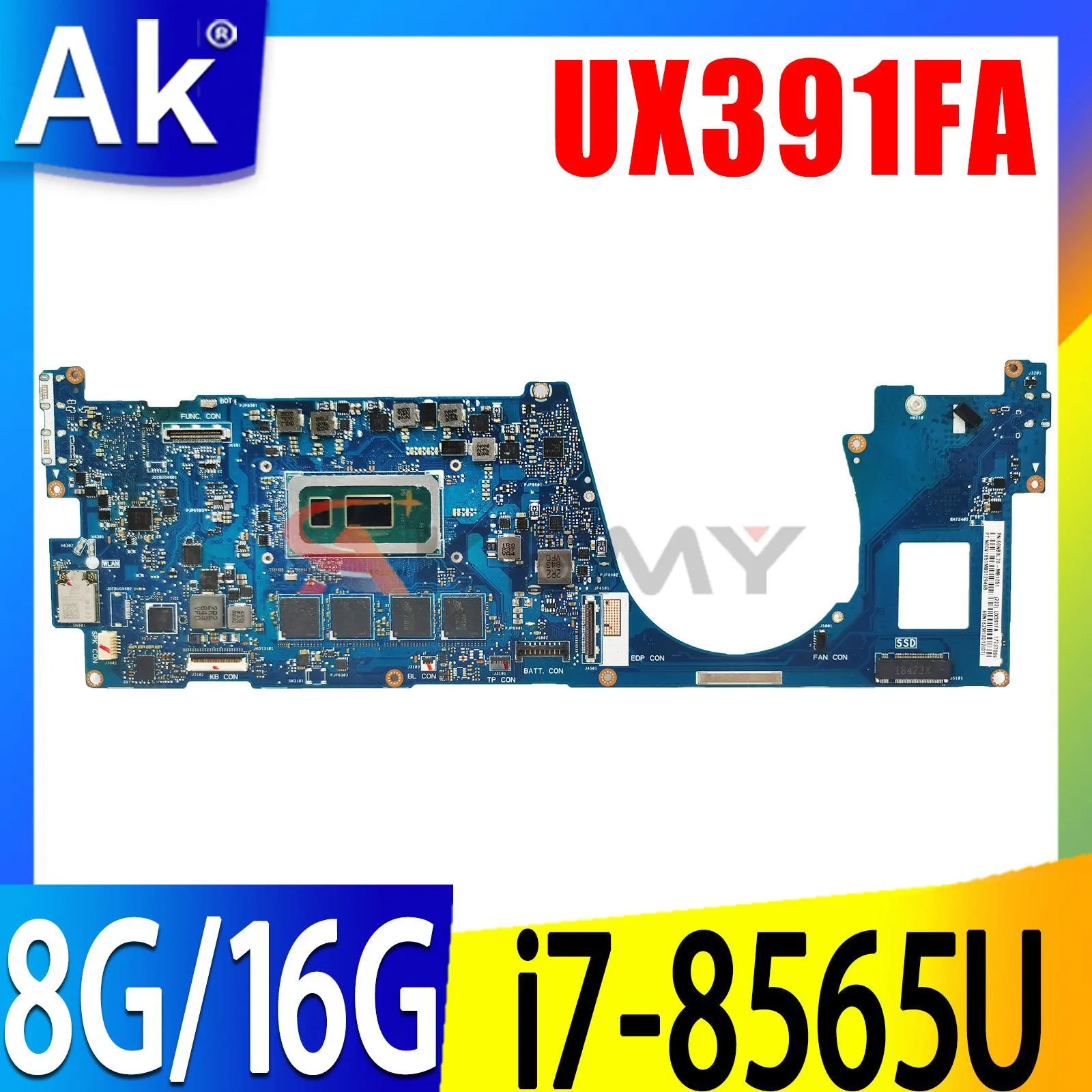 Shenzhen For Asus Zenbook S13 UX391FA UX391F UX391UA UX391U UX391 Laptop Motherboard with 16GB 8GB RAM I7-8565U CPU