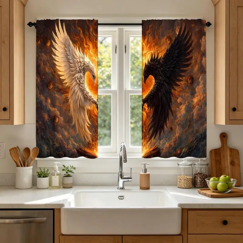 VIKAMA Gothic Dark Art Short Curtains White Phoenix Black Raven Rod Pocket Small Window Privacy Drapes 2PCS Bathroom Decor