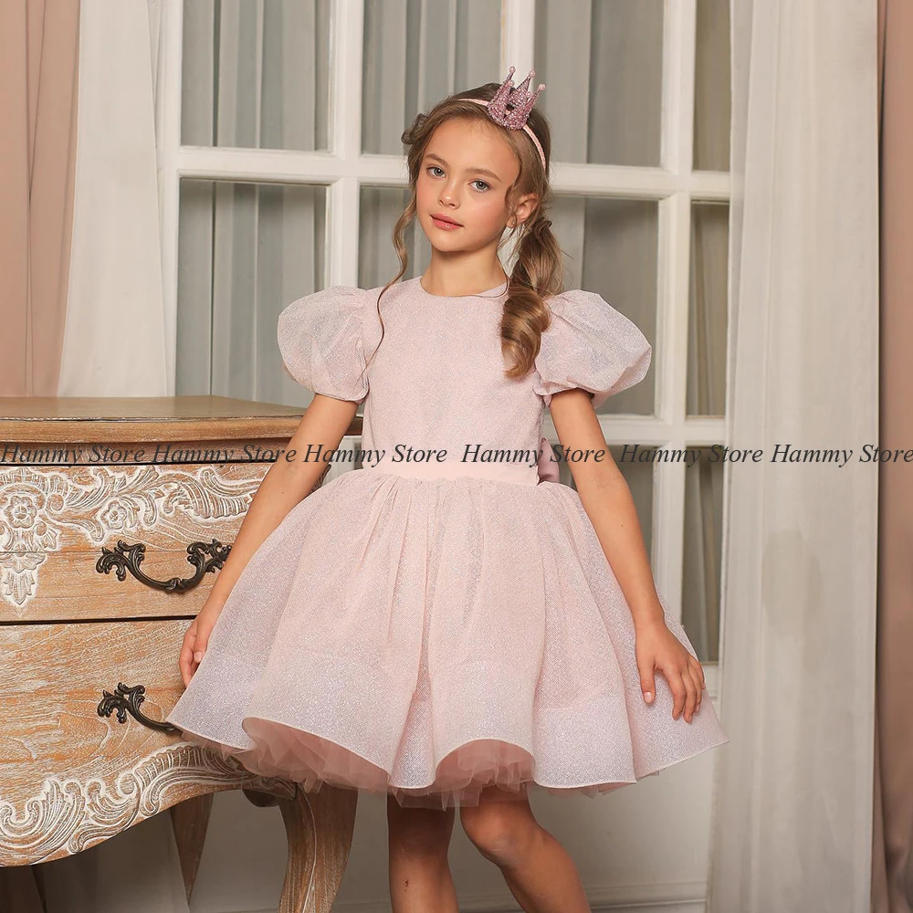 Yipeisha Dusty Pink Flower Girl Dress Short Pincess Sleeves O Neck Above Knee Glitter Tulle Pageant Party Dresses Christmas Gown