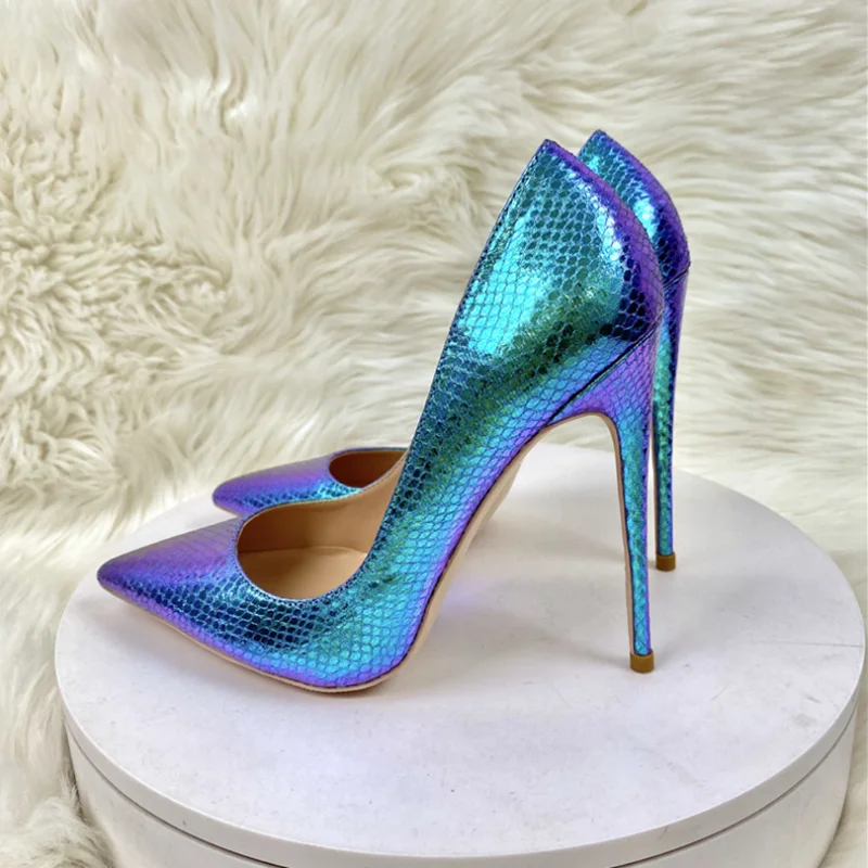 

Stylish Blue Snakeskin Printed Leather Stiletto Heels Shoes Shallow Slip On Python Pattern PU Female Footwears