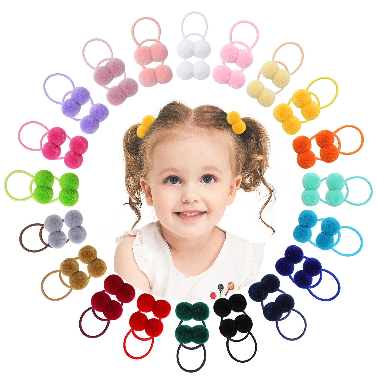 Bild 4: 20/40 Stück Doppel-Plüschball Elastische Haarbänder für Kinder Mädchen Bunte Haargummis Pferdeschwanz-Gummibänder Haaraccessoires
