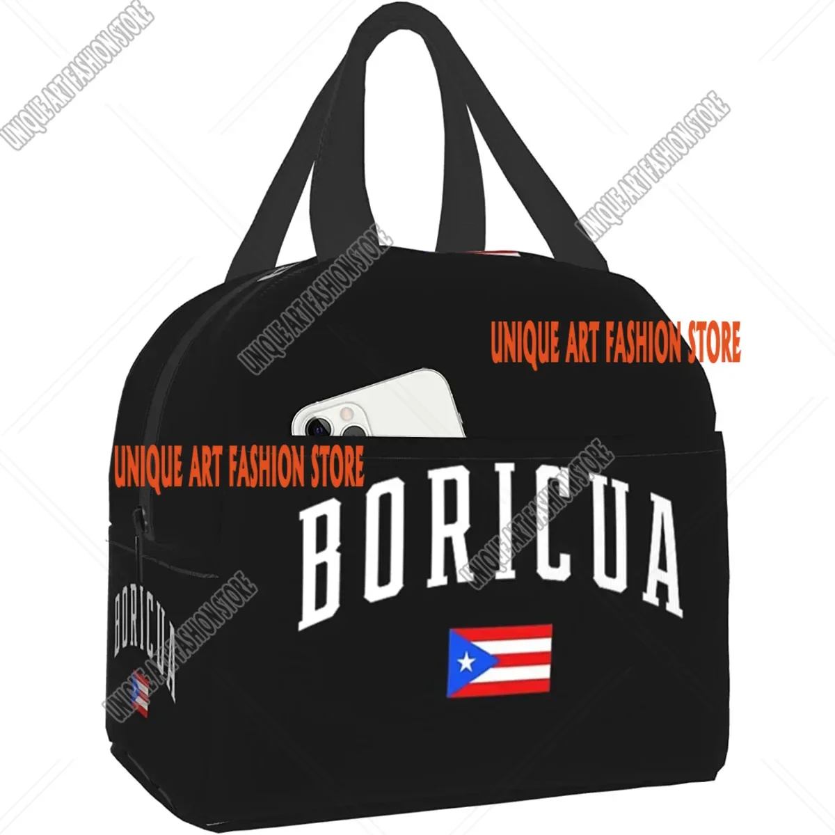 Insulated Lunch Bag Reusable Thermal Boricua Puerto Rico Puerto Rican Flag Tote Bag with Pocket for Travel Work Hiking Picnic