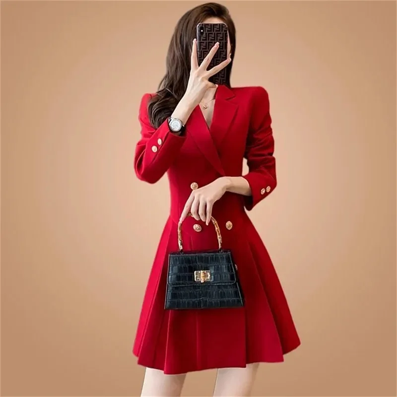 Red Suit Dress For Women Spring And Autumn 2024 New High Waist Double Breasted Temperament Goddess Commuting Professional Dress