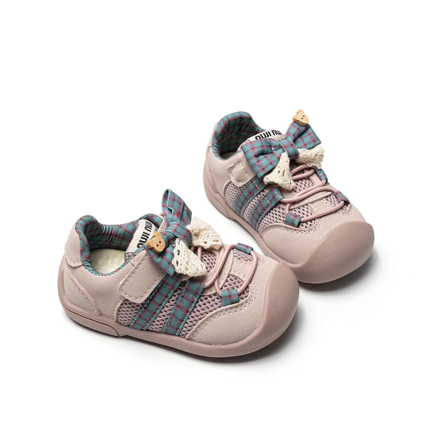 Toddler Girls Breathable Mesh Sneakers, Plaid Bow Decor, Hook and Loop, Anti Kick Toe Cap, Non Slip Sole for Daily Walking