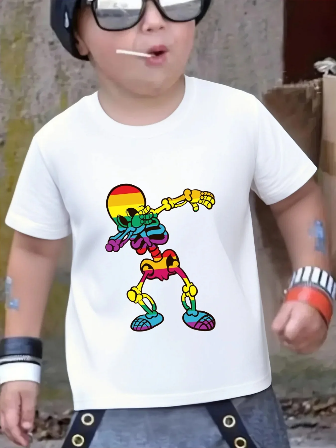 Cute Rainbow Dab Skeleton Cartoon Print Family Matching T Shirt Boys Girls Short Sleeve Parent Child Soft Cotton Casual Tops