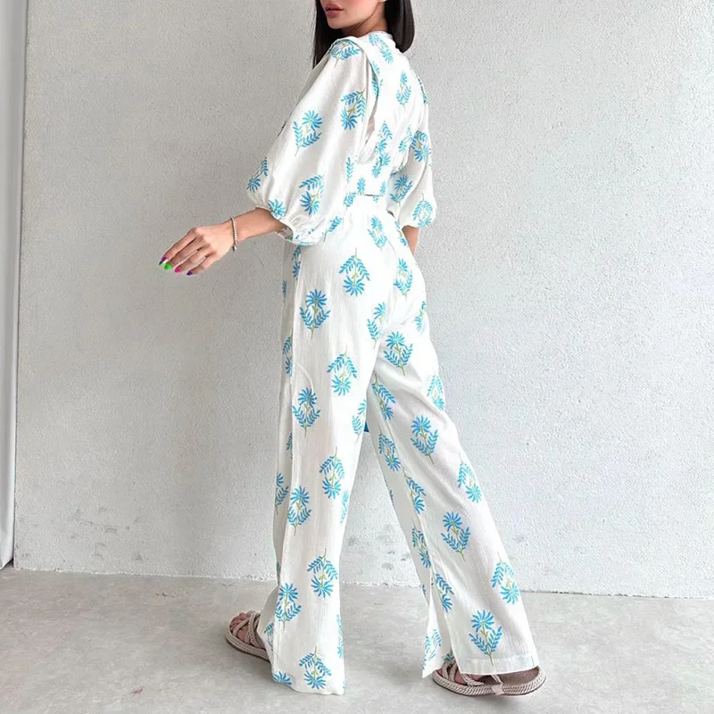 Women\'s Pure Cotton Suit 2024 Summer New V-Neck Temperament Printed Puff Sleeve Top and Trousers Women\'s Two-Piece Set