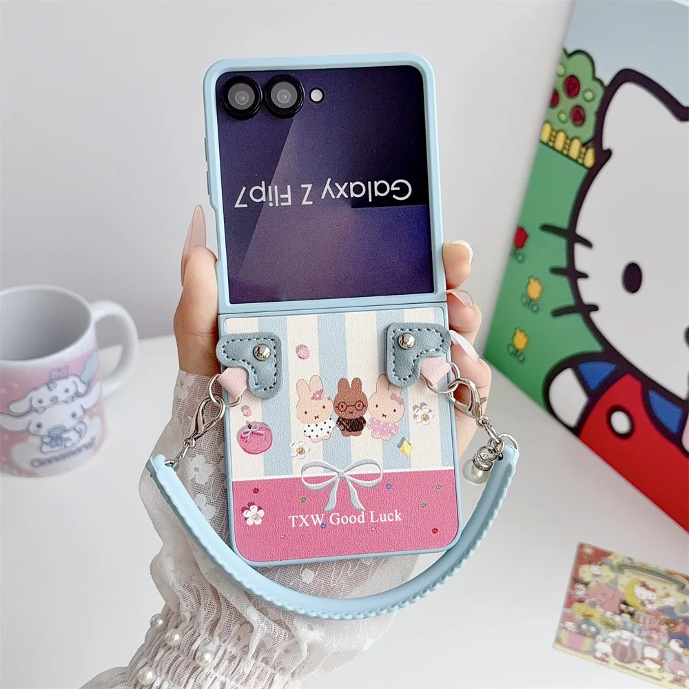 

Korean INS Fashion Cartoon Miffy Leather Phone Case for Samsung Galaxy Z Flip6 5 4 Flip7 Flip5 Flip6 7FE Cover with Chain Cases