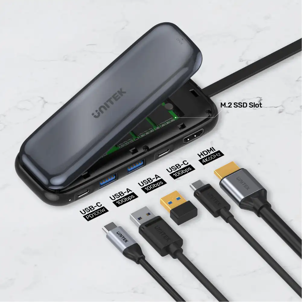 

USB C Hub with M.2 SSD Slot 4K 60Hz HDMI Type-C USB-A 3.1 GEN 2 10Gbps PD 100W Fast charging Adapter for MacBook Pro PC Laptop