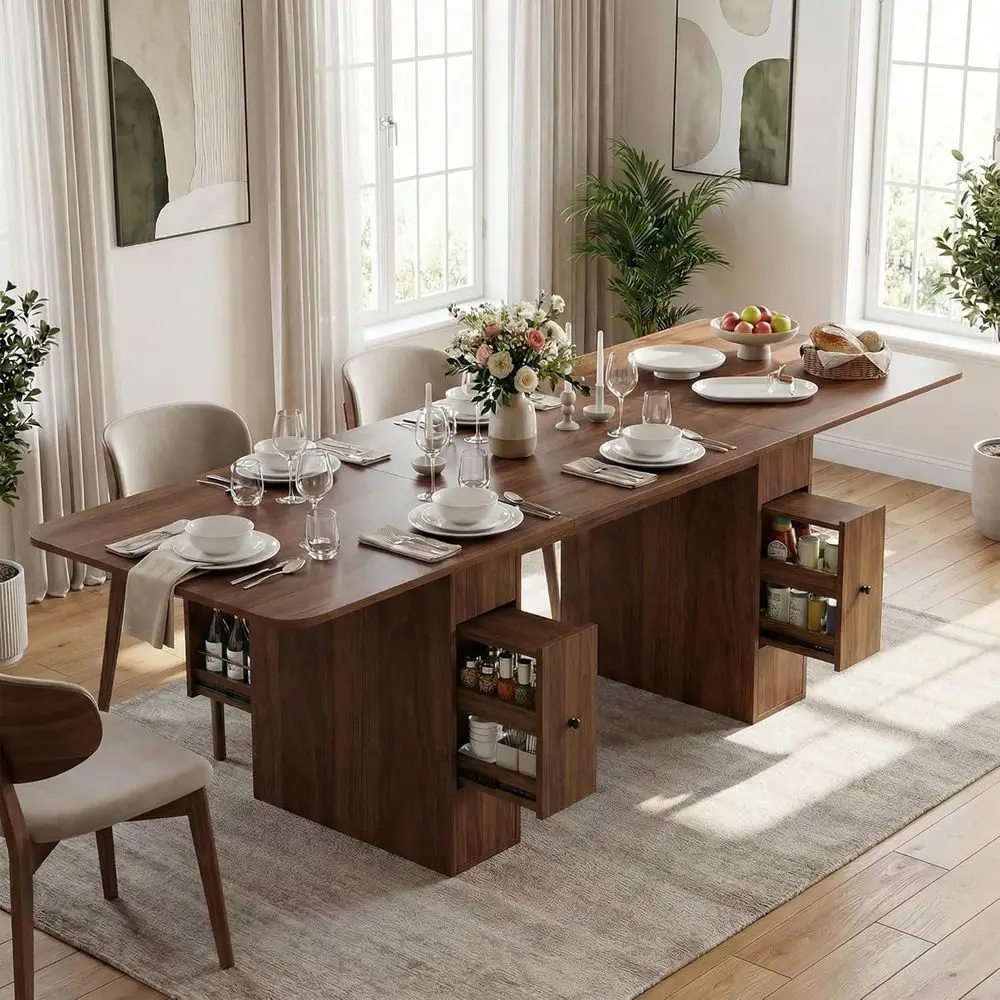 

Elegant 6-10 Seater Dining Table, 63-79 Extendable Walnut Kitchen Table with 4 Chairs, Compact Dining Set for Living Room/Home O