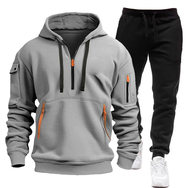 Men\'s sports suit, hooded sweatshirt and zippered sweatpants, multiple pockets, spring and autumn, 2024