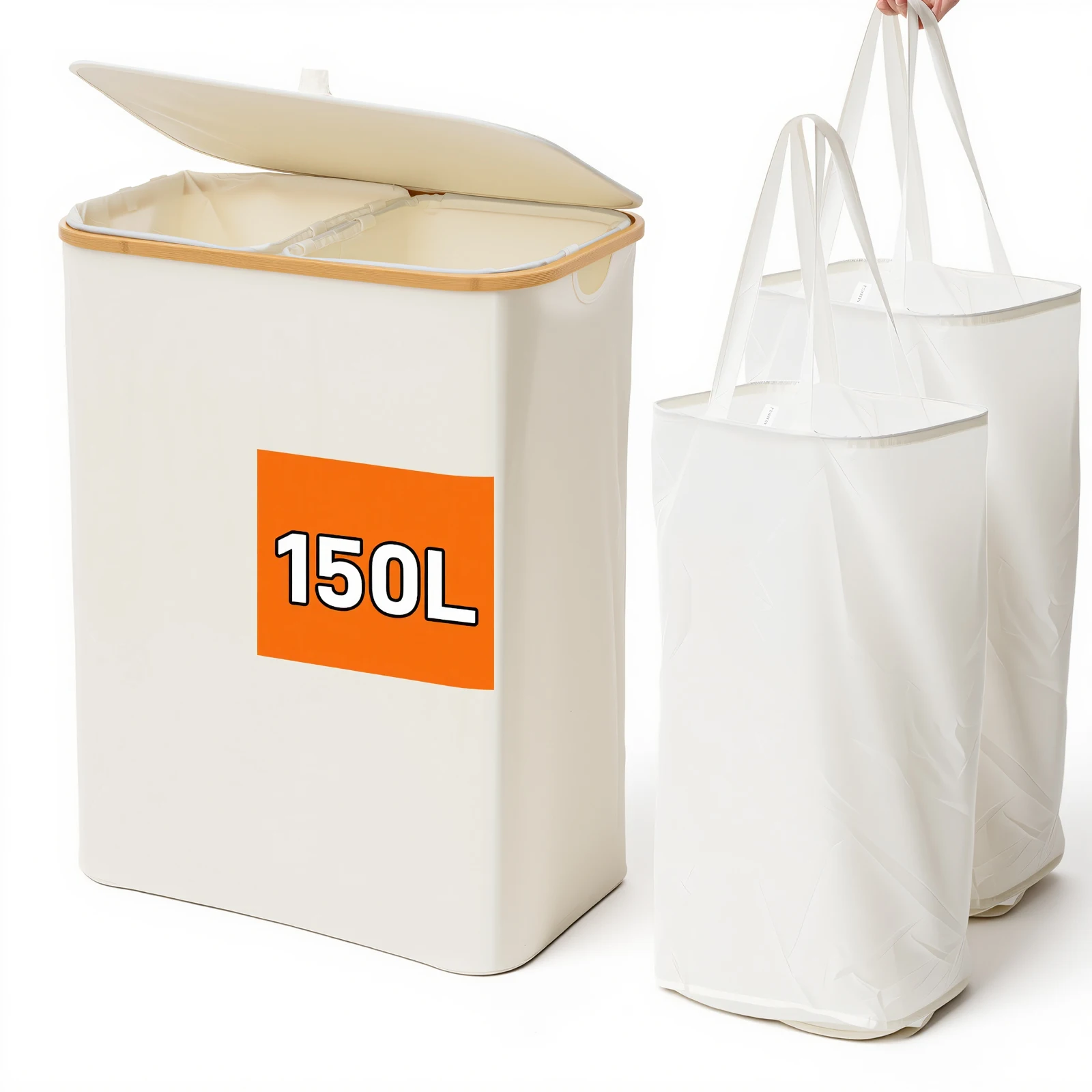 

150L Double Laundry Hamper with Lid Large Laundry Basket with Bamboo Handles Foldable Clothes Hampers w/ 2 Removable Liner Bags