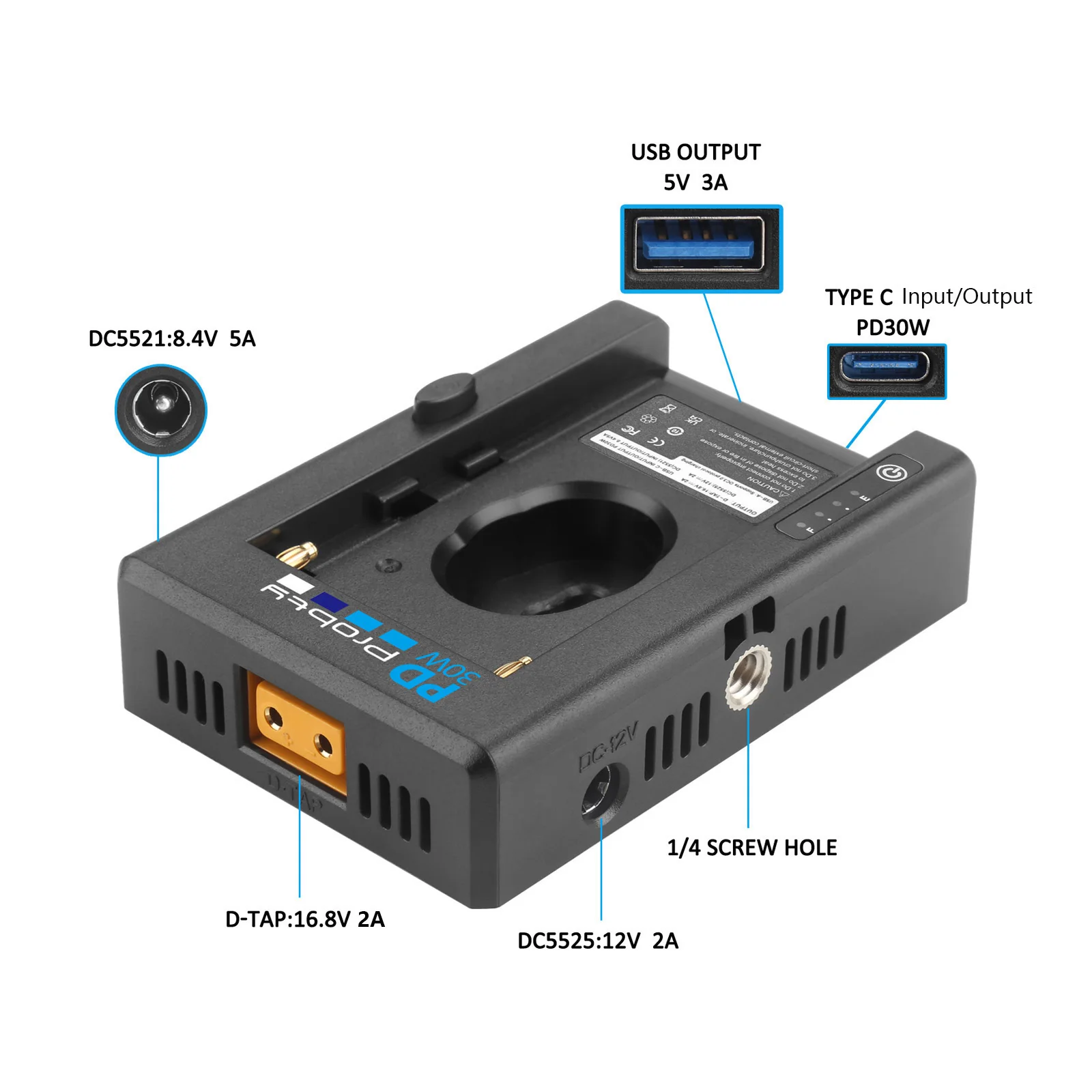 Probty PD30W NP-F Battery Charger Adapter Plate USB-C Charging Port DC12V/8.4V  D-TAP Output For Sony DIY Camera Accessories