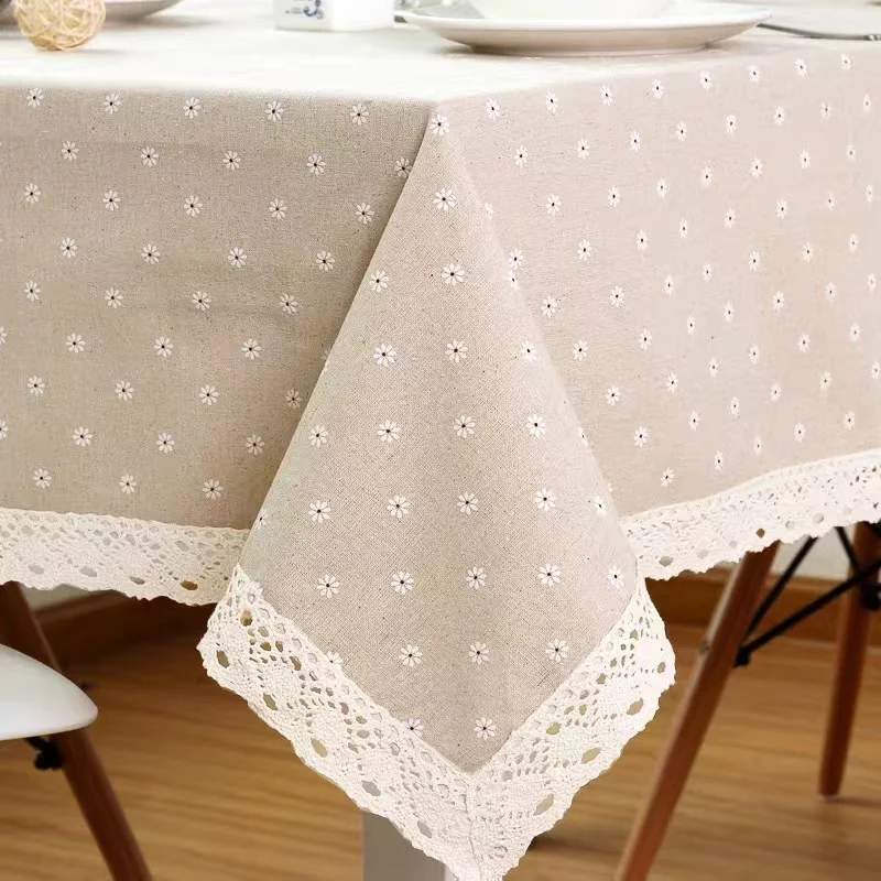 

Daisy Flower Pattern Tablecloth Hot Sale Linen and Cotton Lace Edge Rectangular Table Cloth Home Hotel Textile