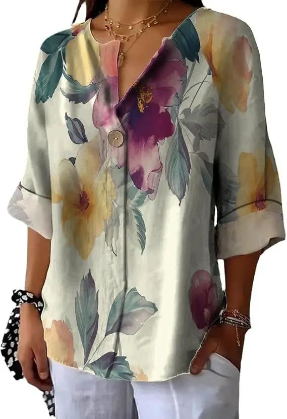 

Women's New V-Neck Short Sleeve Button Tunic 2025 Pleated Cuffs Formal Casual Women's T-Shirt