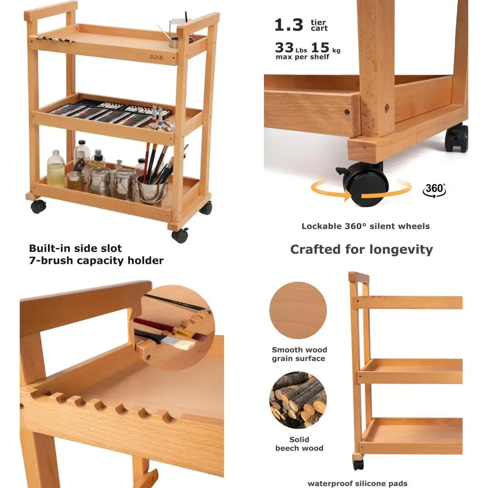 

Тележка для художественных принадлежностей из натурального бука с колесиками для художников и взрослых