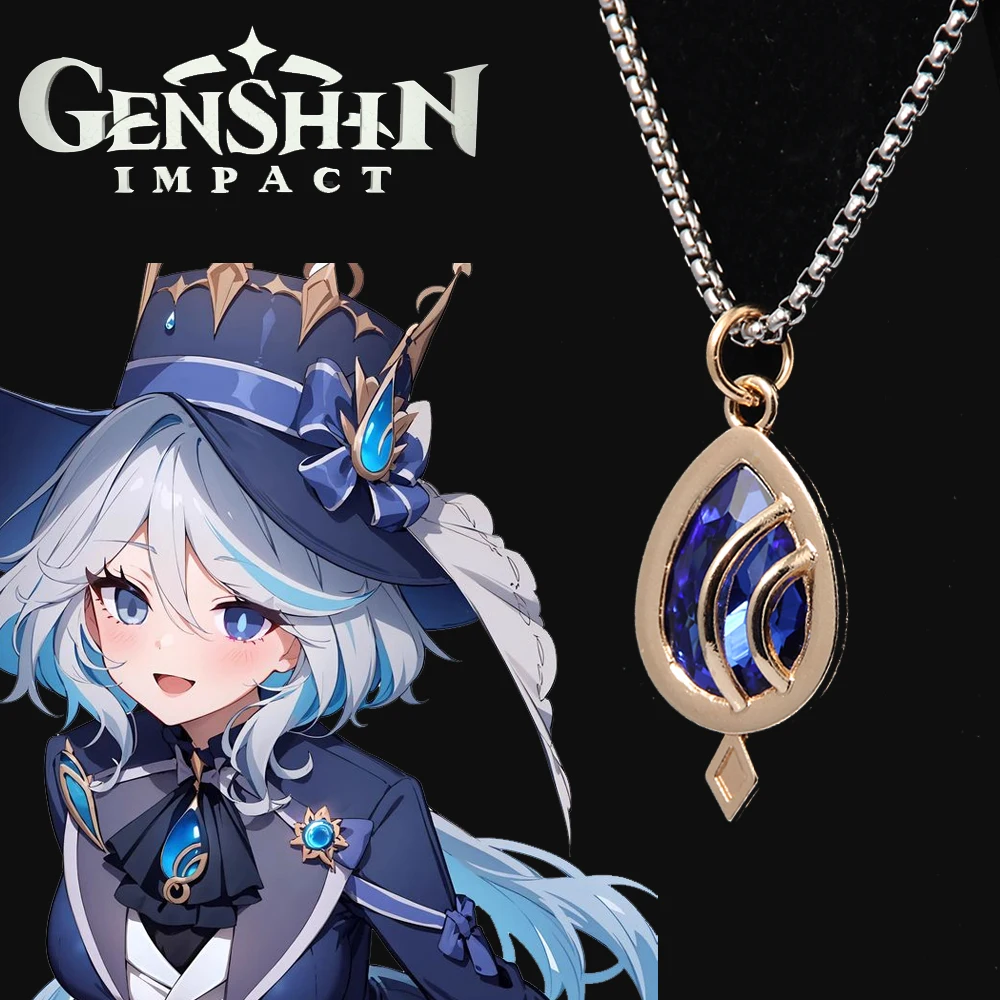 Genshin Impact Fontaine Focalors Cosplay Necklace Blue Water Drop Pendant Choker For Women Men Game Jewelry Accessories Gifts