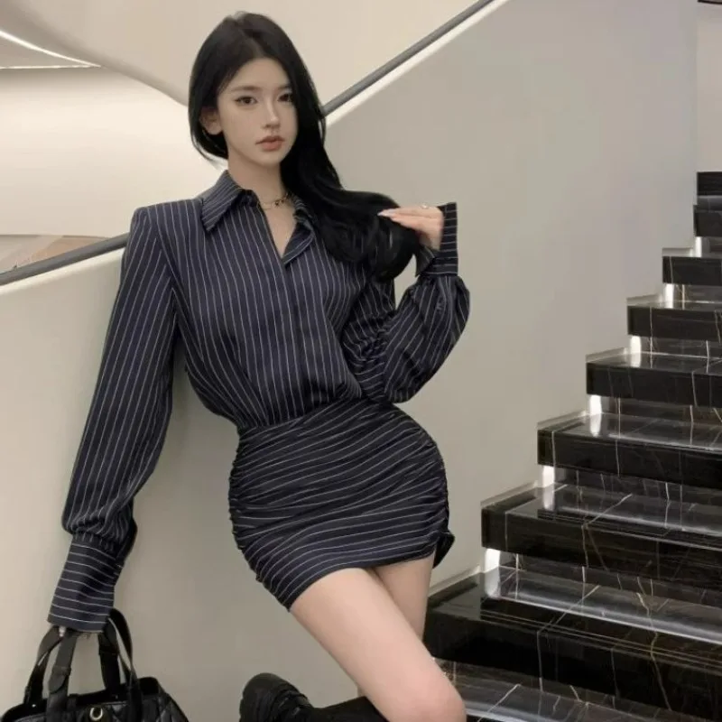 Robes chemise pour femmes Kpop sensuelles t-shirts Sexy courbés en Promotion Chic et élégant jolie robe à manches longues pour femme à rayures chaudes