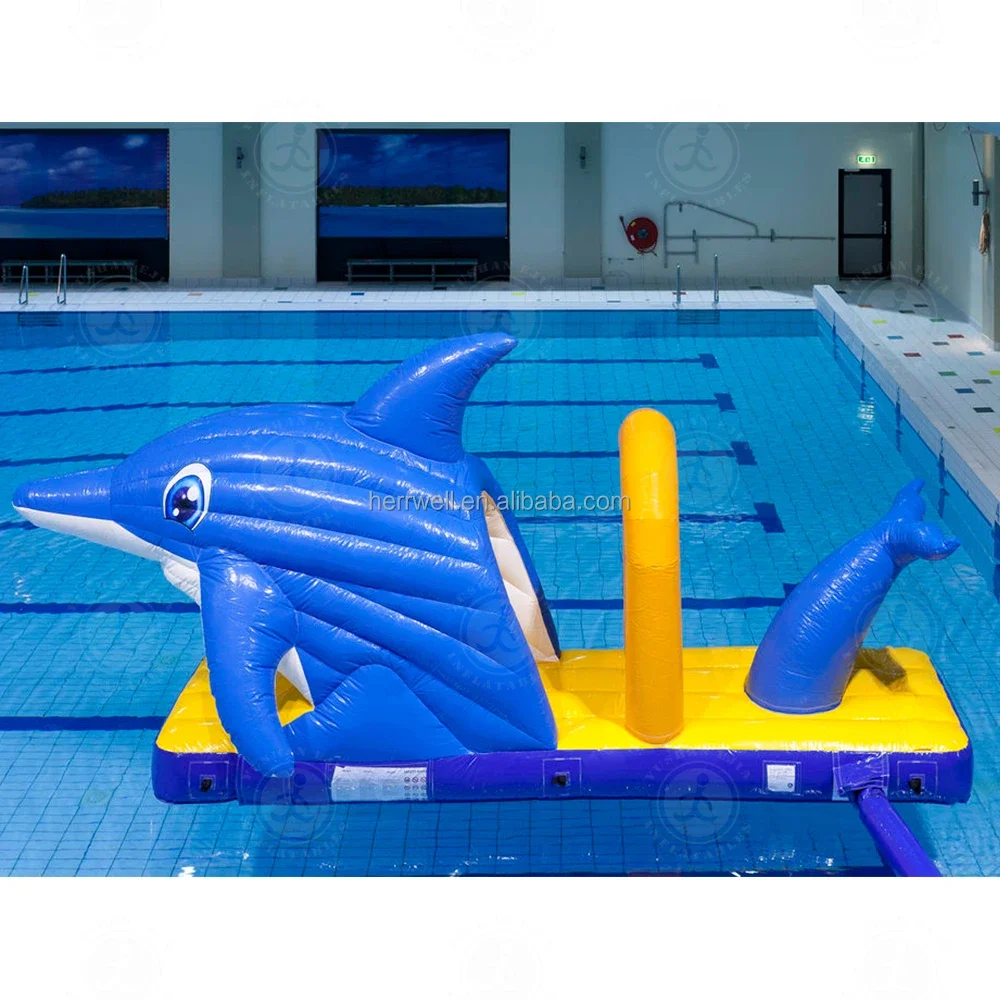 

Kids Super Fun Inflatable Dolphin Pool Slide Bounce Water Slide Swimming Pool Floating Platform Slide With Air Blower For Sale