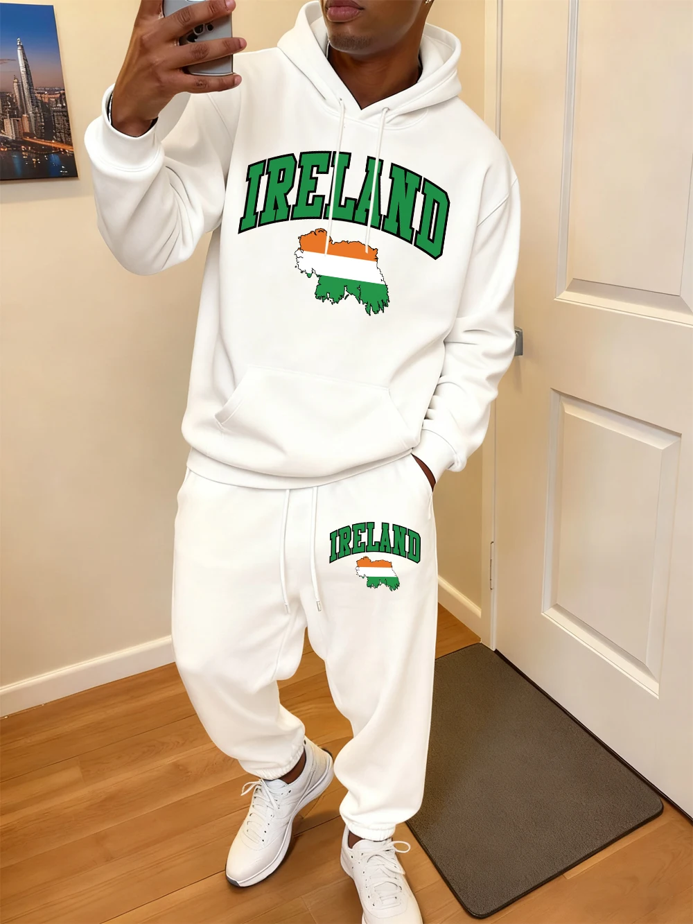 2 قطعة مجموعة هوديي الرجال أيرلندا الأيرلندية العلم الملون خريطة الطباعة Sweatpants عادية الصوف جيب مقنعين السراويل الشتاء ملابس فضفاضة