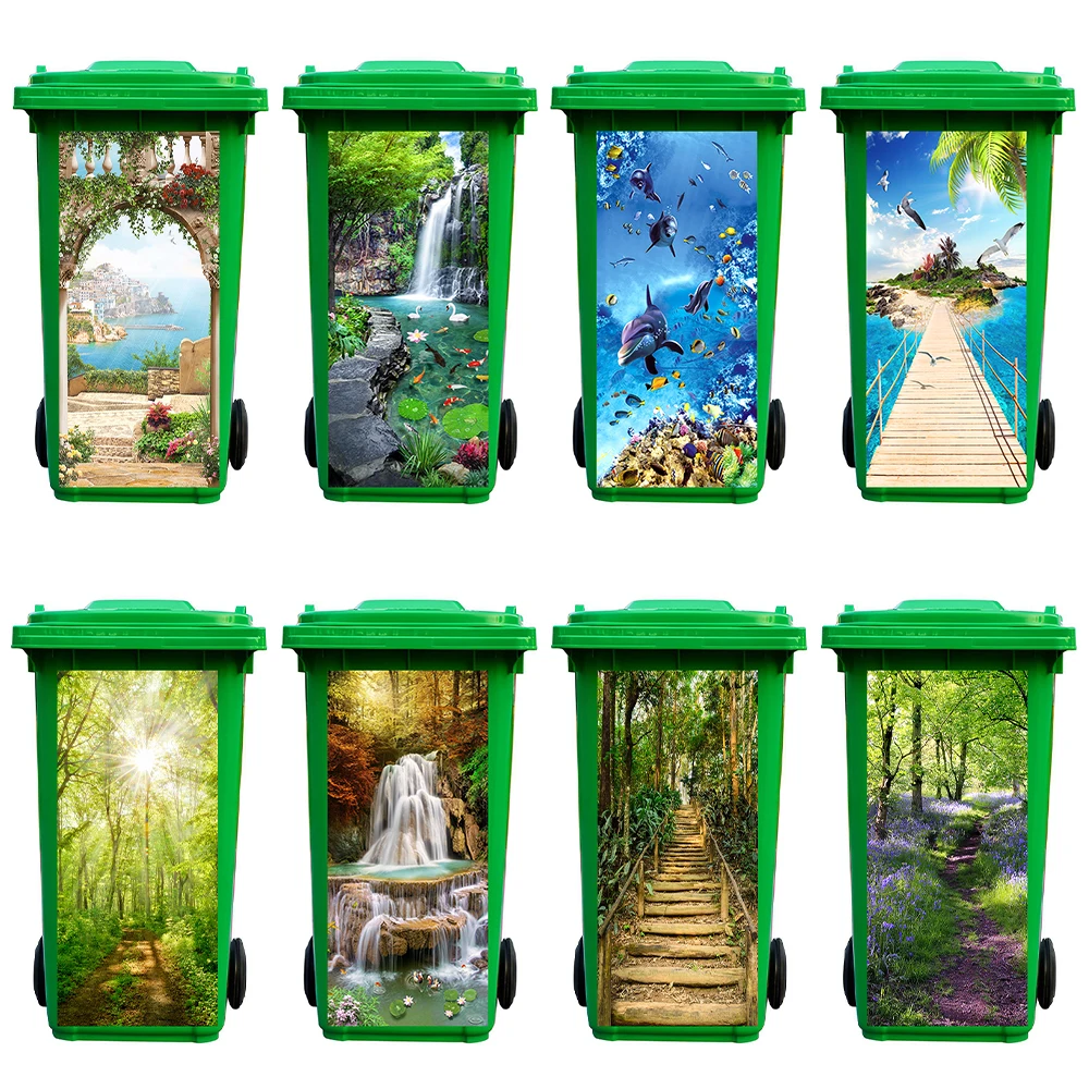 Eco-friendly PVC Natural Jungle Path Road Mural Trash Can Sticker Waterproof Dolphin Seagull Outdoor Wheeled Garbage Bin Decals