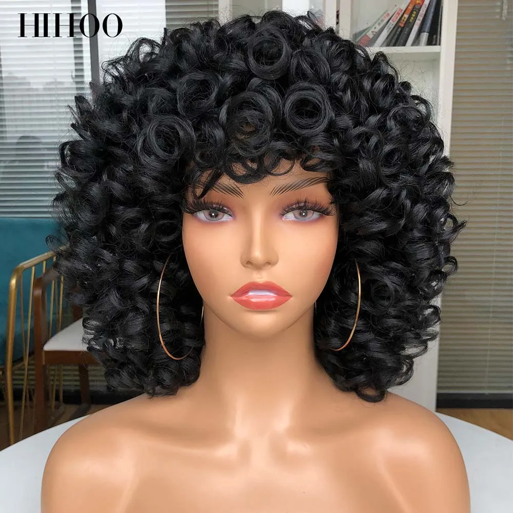 สั้น Afro Kinky วิกผมลอนวิกผมปลอมวิกผมกับ Bangs สำหรับผู้หญิงสีดำคอสเพลย์ธรรมชาติ Ombre ผสมวิกผมสีบลอนด์