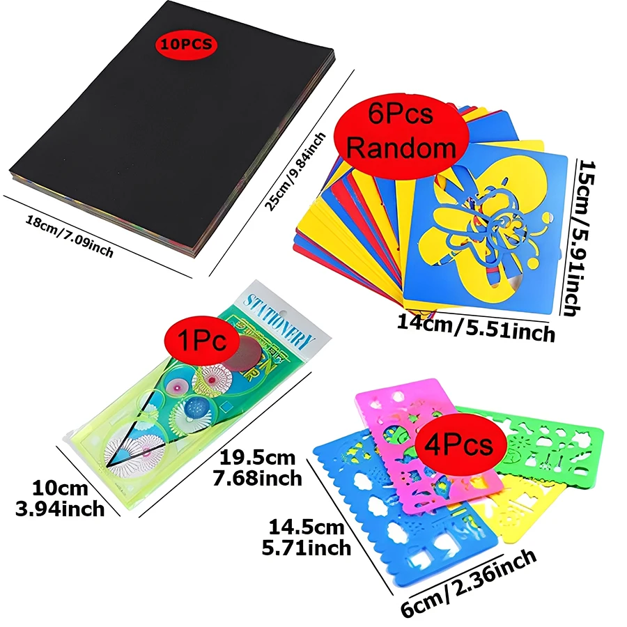 Picture 7: 21Pcs Rainbow Scratch Art Set, Magic Scratch Paper with Hollow Stencils & Wooden Styluses, Creative DIY Craft Kit Art Supplies ﻿